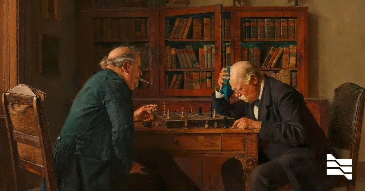 Two elderly men engrossed in a chess game, representing the strategic planning freelancers must undertake when negotiating agreements with clients.