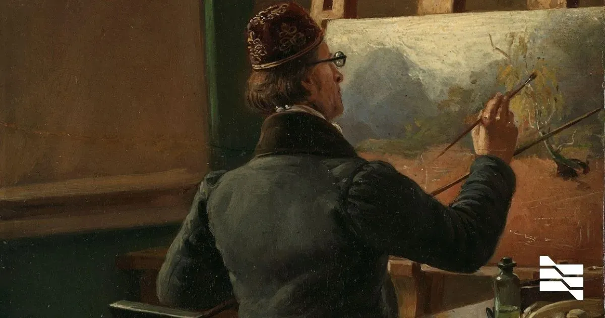 A painter in a traditional hat immersed in creating a landscape, symbolizing the precision and focus needed in freelance graphic design.