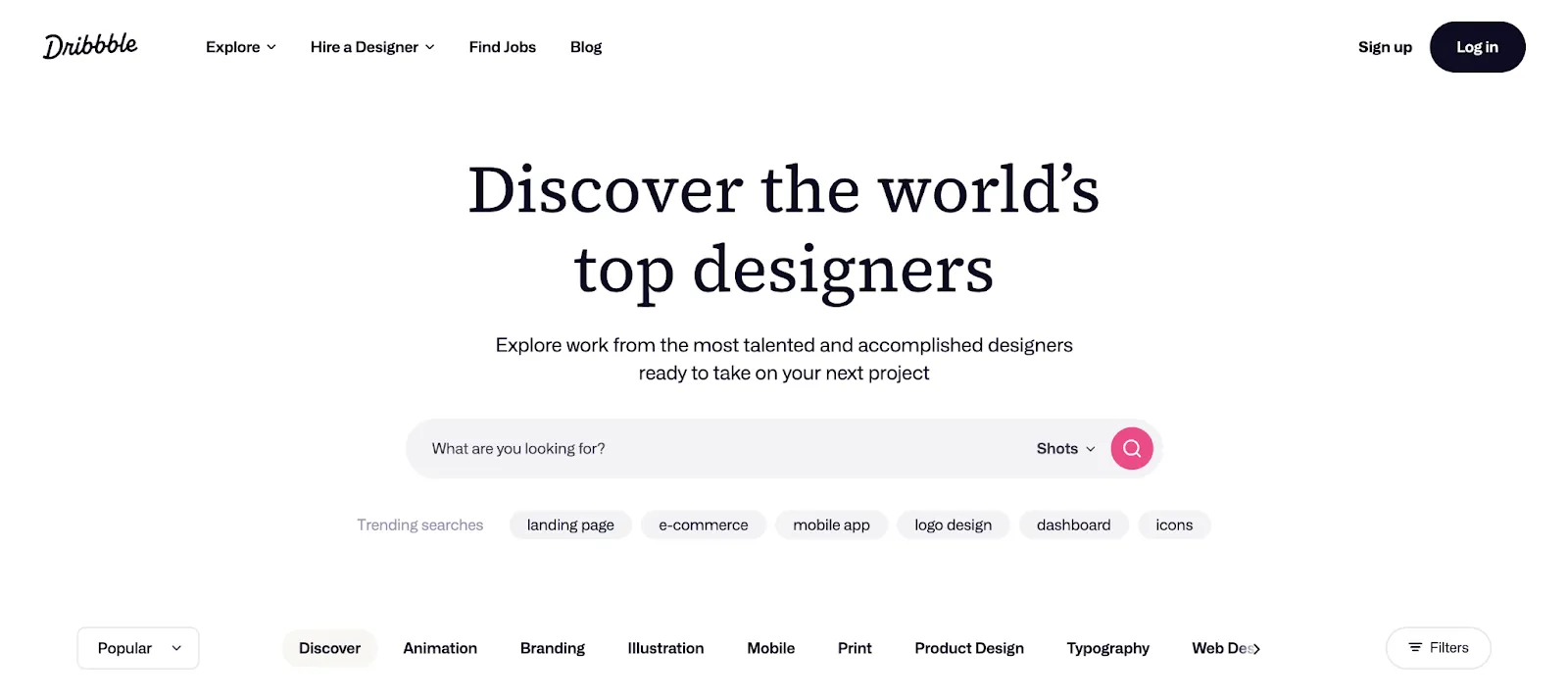 Screenshot of the Dribbble homepage for discovering top designers