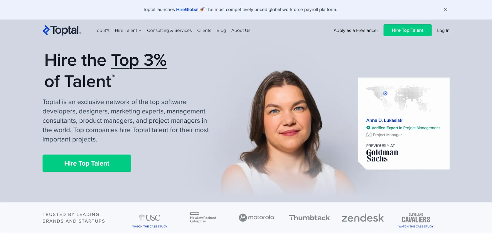 Screenshot of the Toptal homepage advertising the top 3 percent of talent