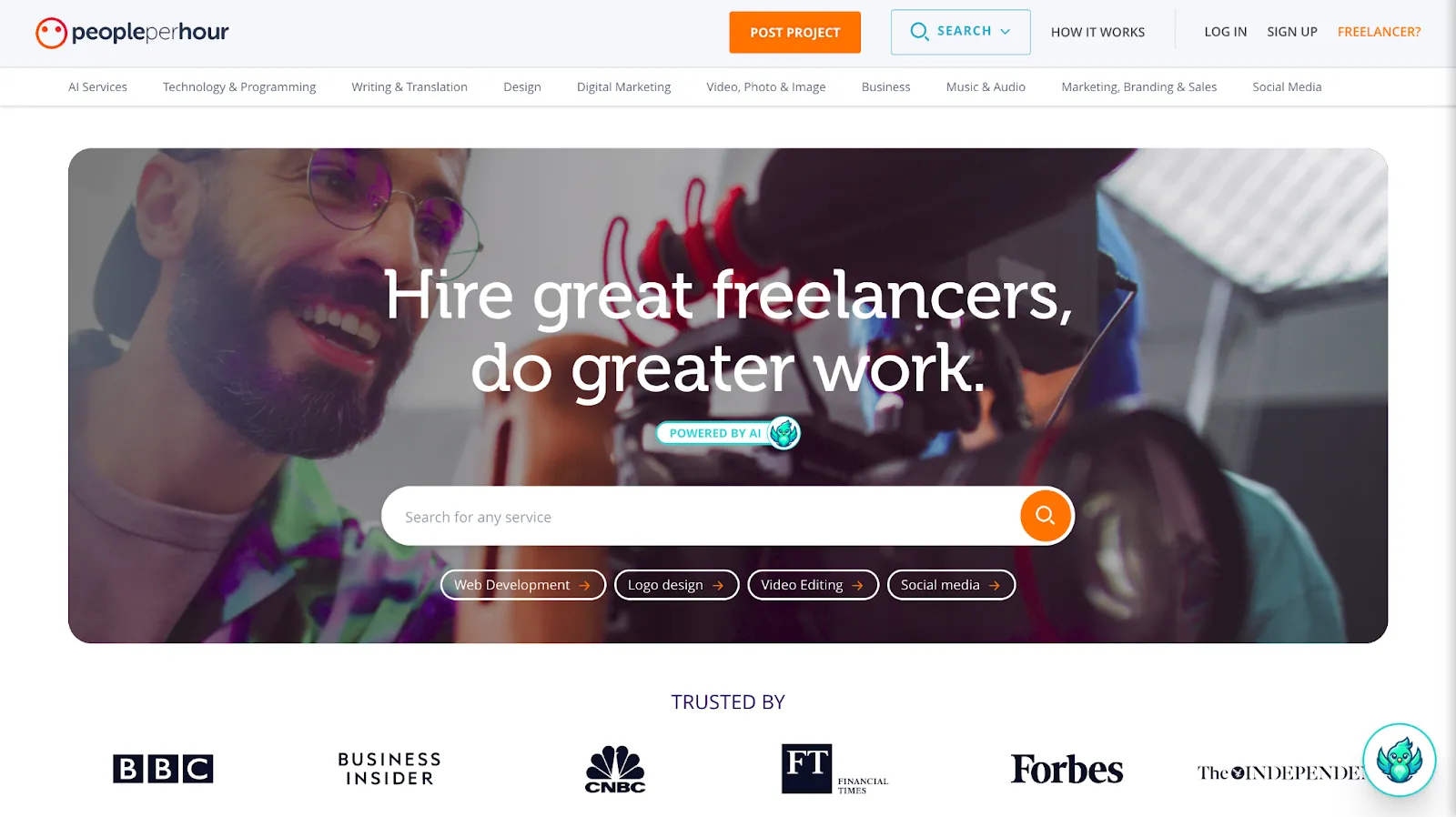 Screenshot of the PeoplePerHour homepage for hiring freelancers