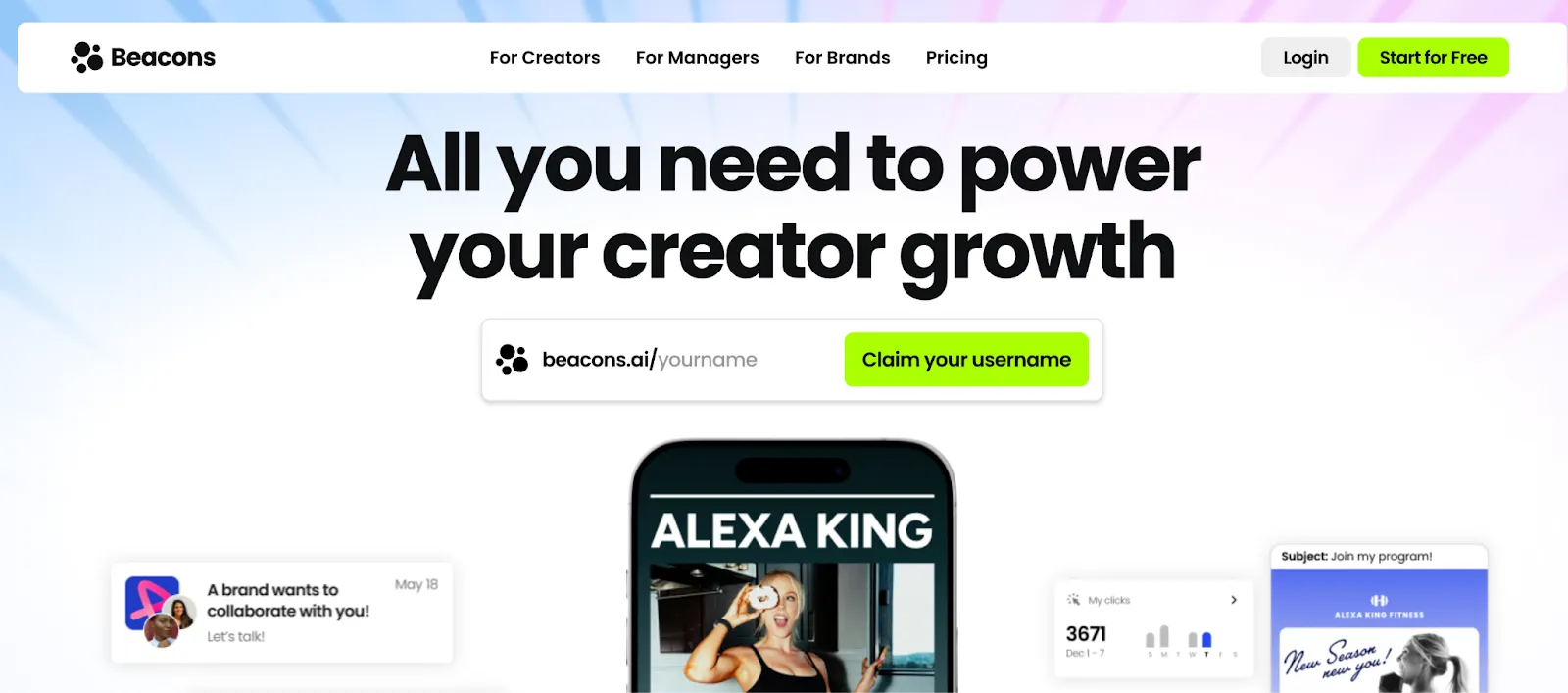 Screenshot of the Beacons homepage for creator growth
