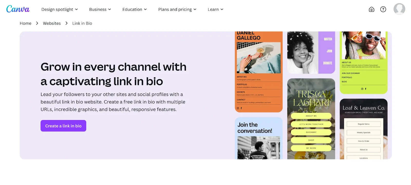 Screenshot of Canva's link in bio feature page