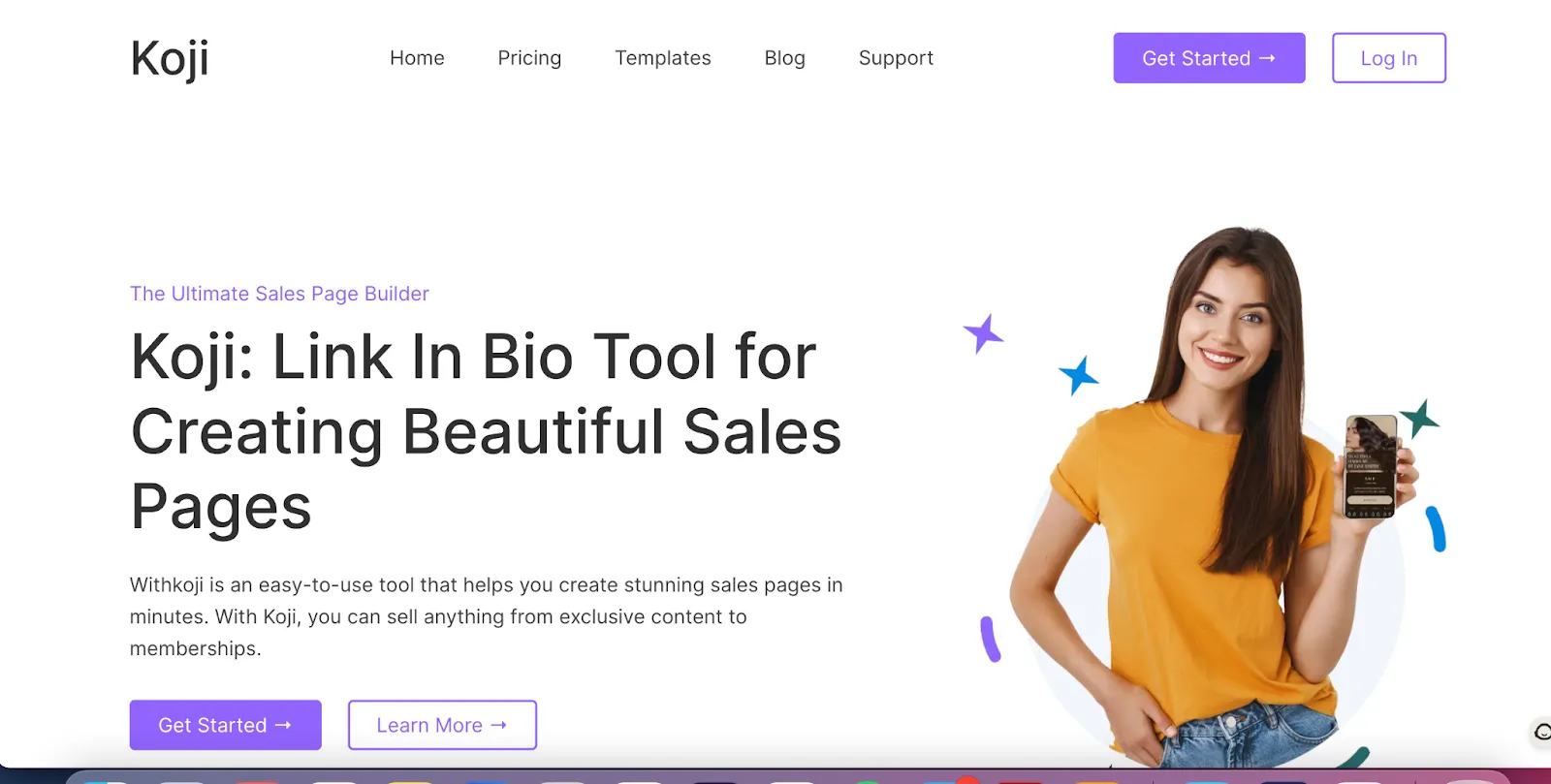 Screenshot of the Koji link in bio homepage for sales pages