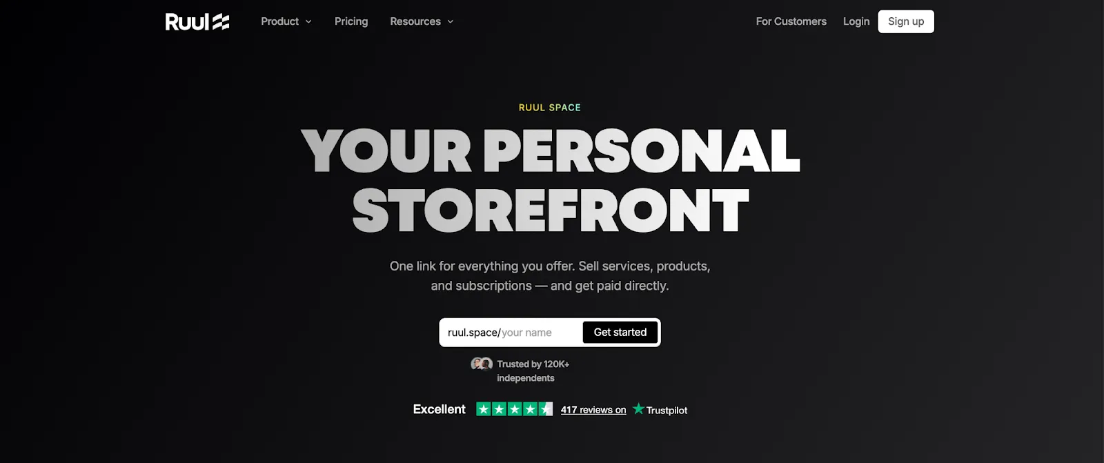 Screenshot of the Ruul personal storefront page