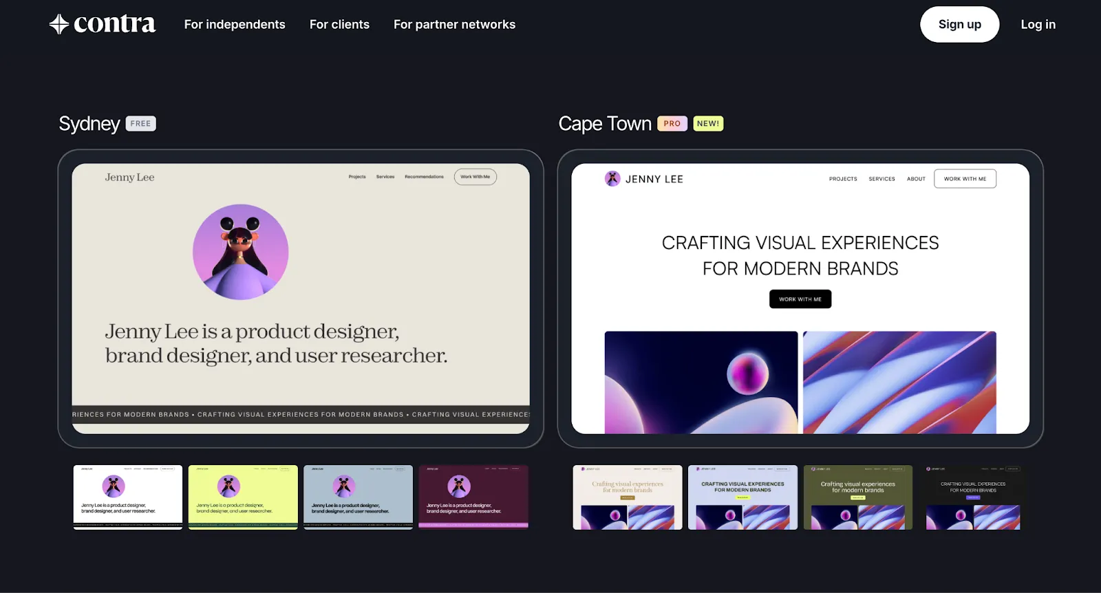 Screenshot of Contra portfolio examples for designers