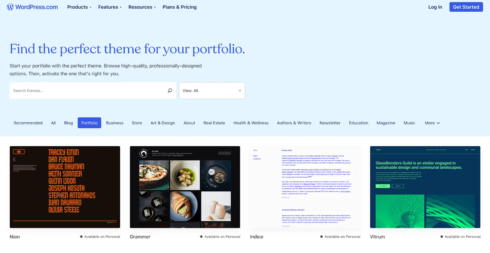 Screenshot of the WordPress.com portfolio themes page