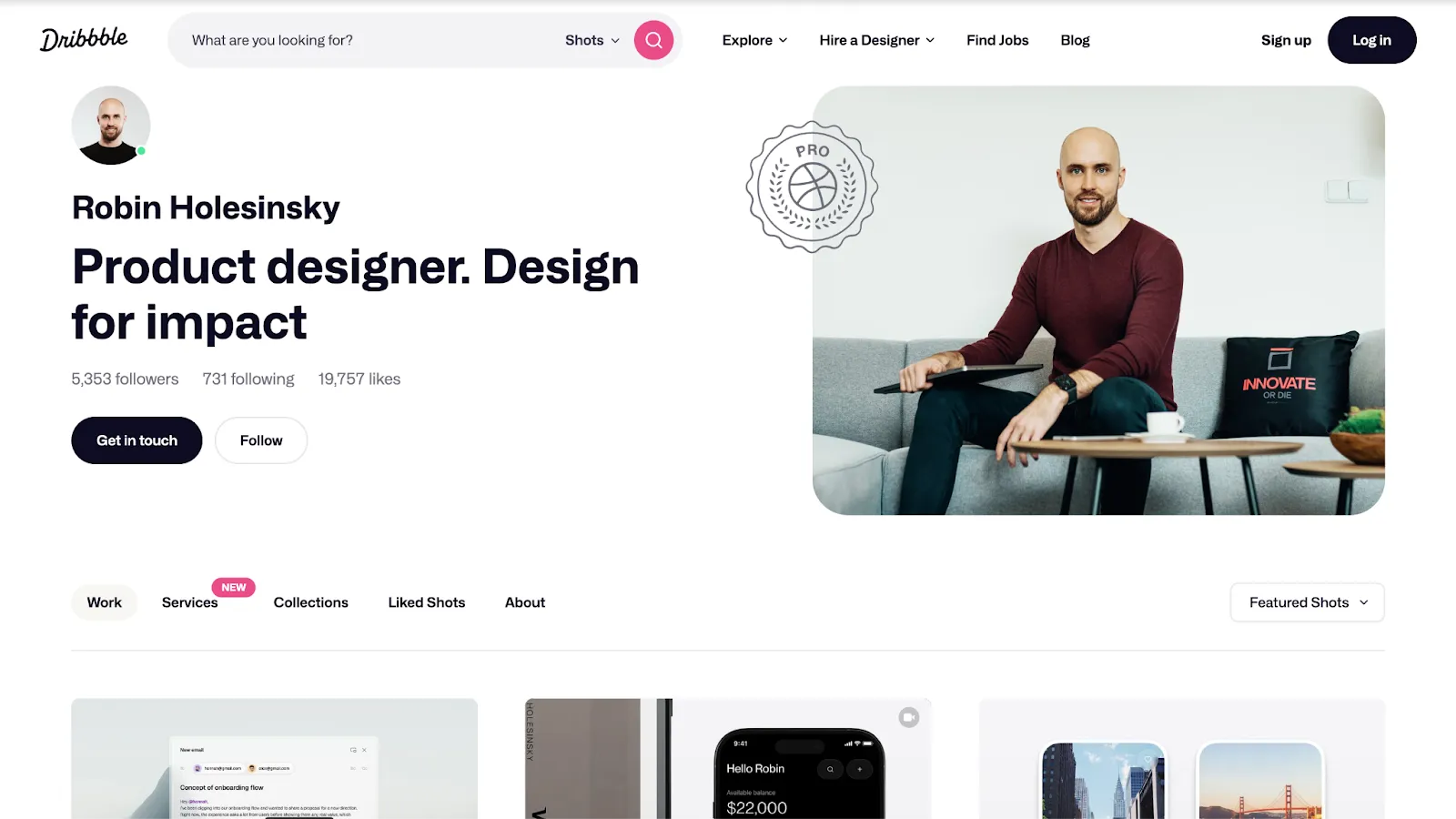 Screenshot of a designer's Dribbble profile page