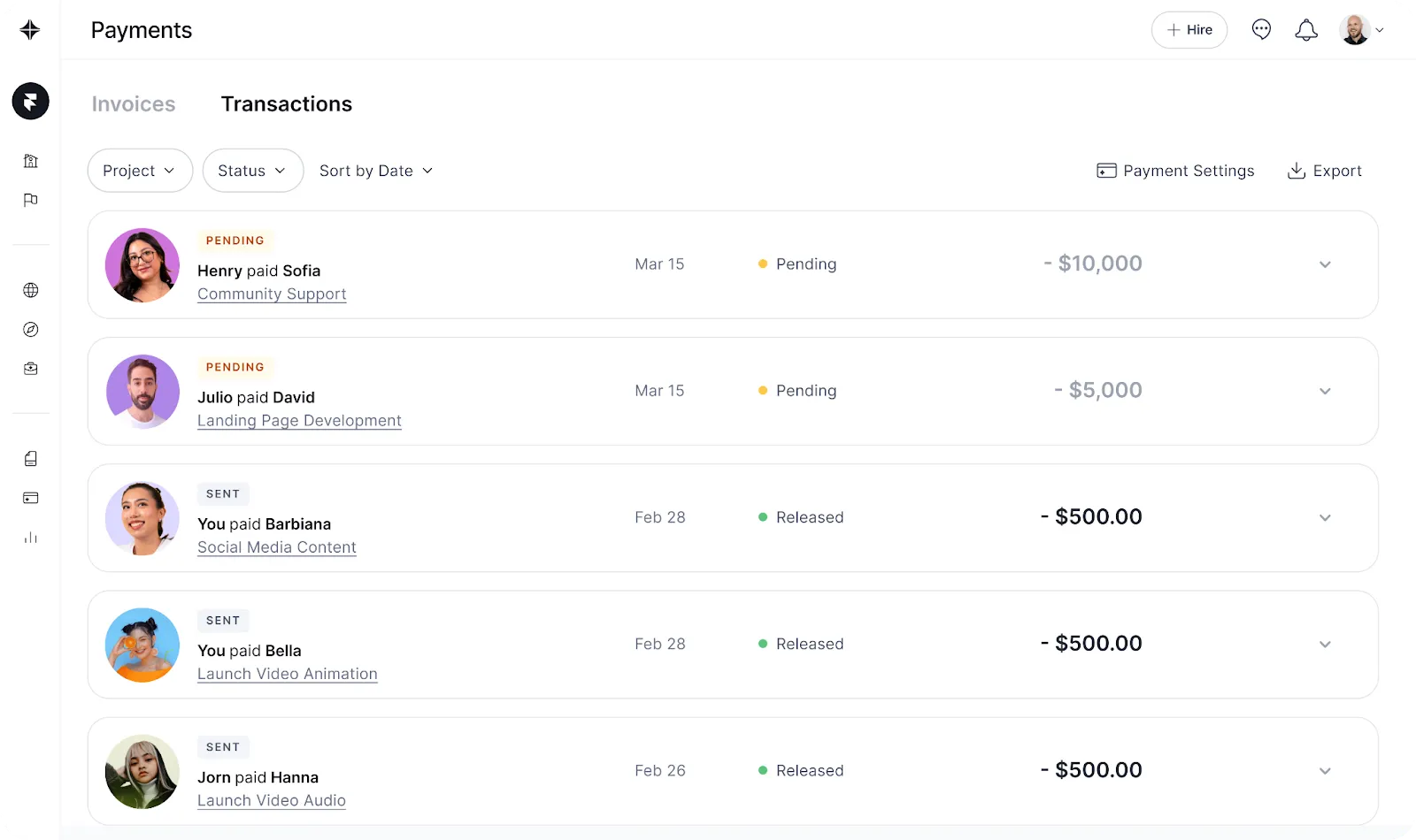 Screenshot of a payments and transactions list