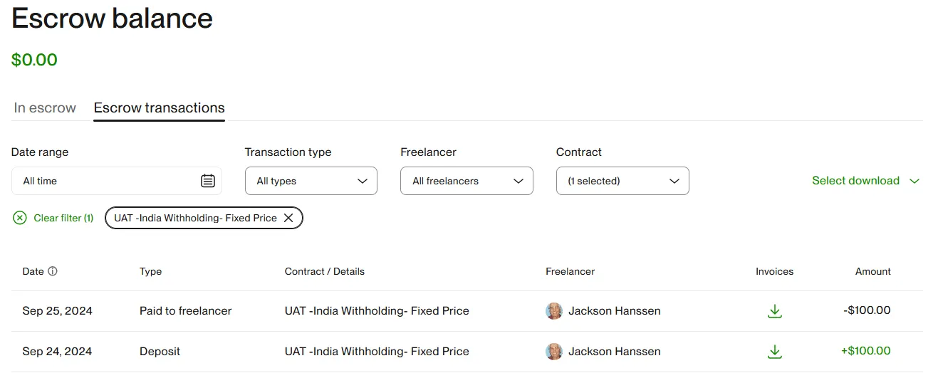 Screenshot of an Upwork escrow balance and transactions