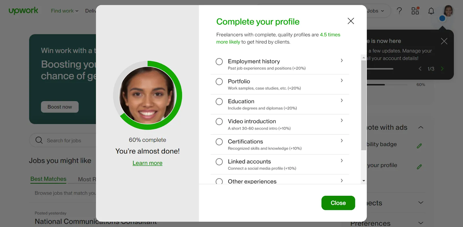Screenshot of an Upwork profile completion prompt