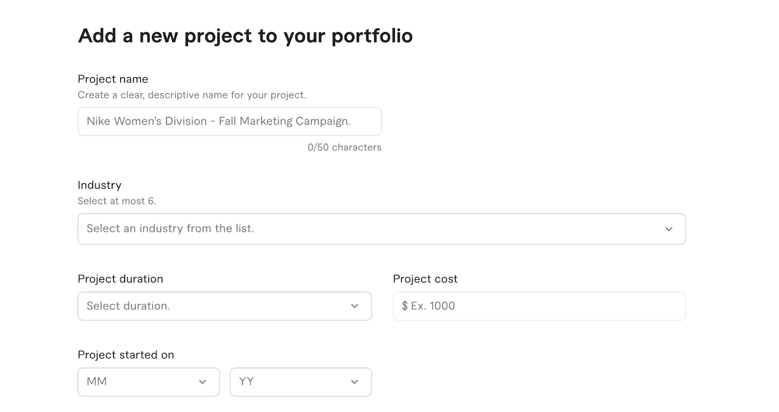 Screenshot of a Behance add-project form