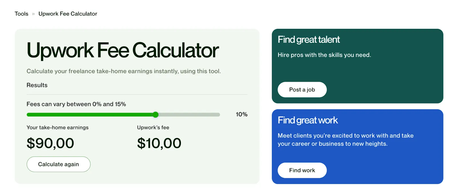 Screenshot of an Upwork fee calculator showing take-home earnings