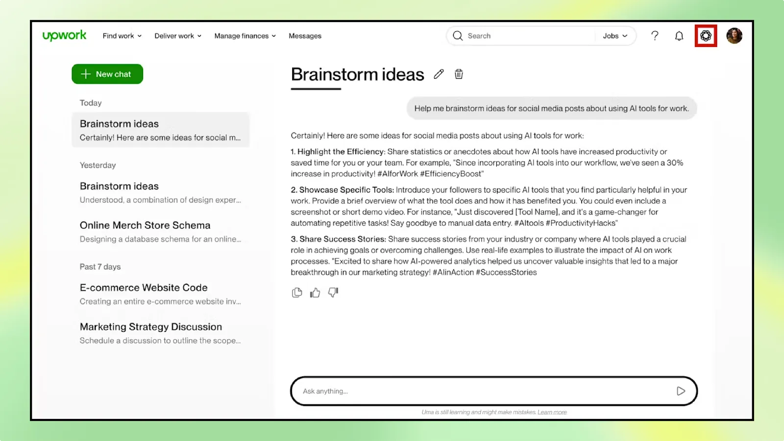 Screenshot of an Upwork messaging and brainstorming view