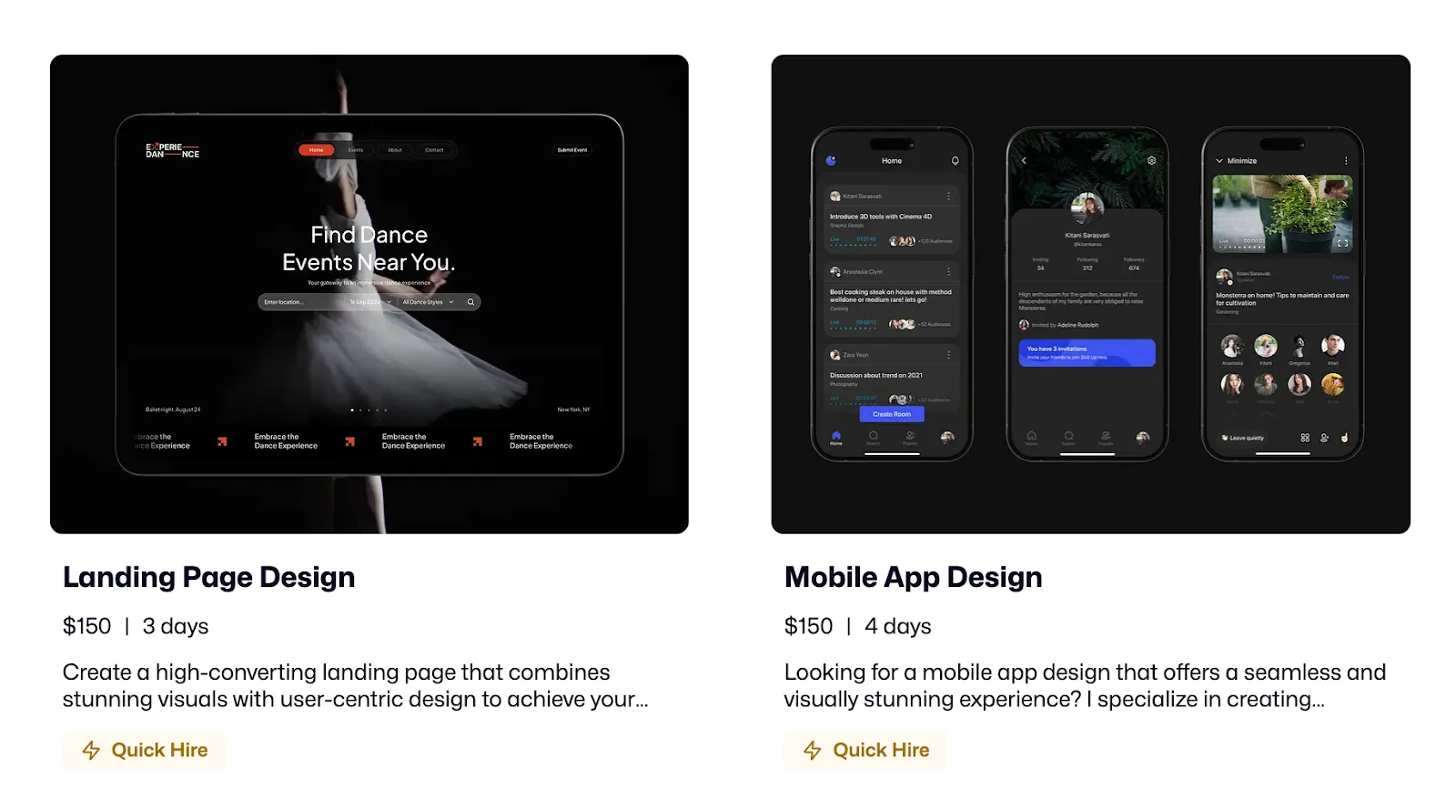 Screenshot of Dribbble design service listings with prices