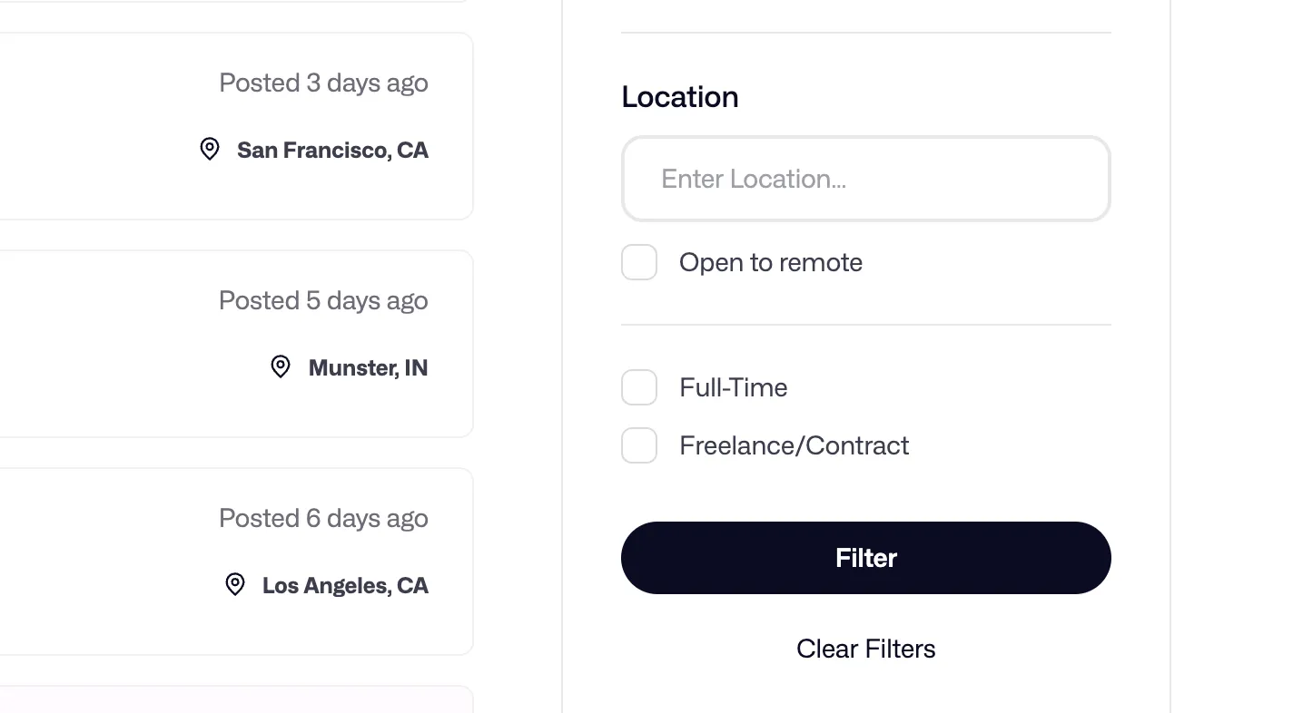 Screenshot of a Dribbble job board with location and filter options