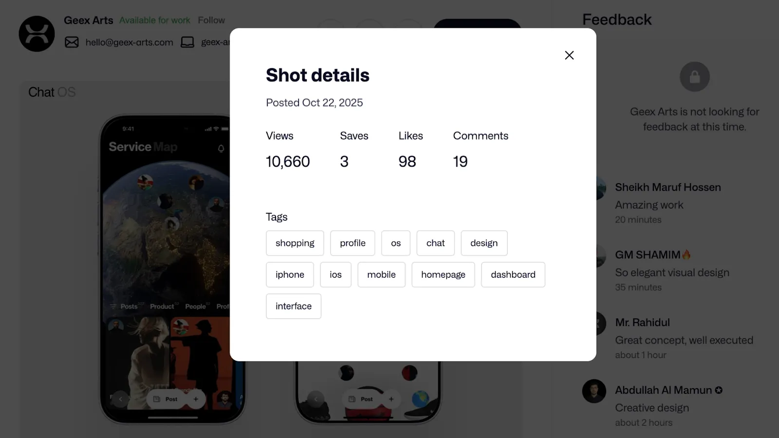 Screenshot of a Dribbble shot detail view with engagement stats