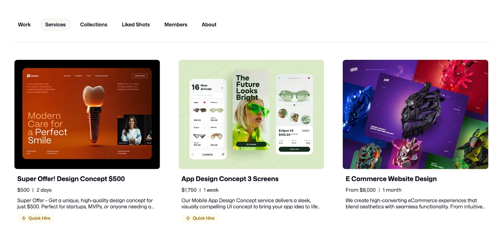 Screenshot of Dribbble design concept shots