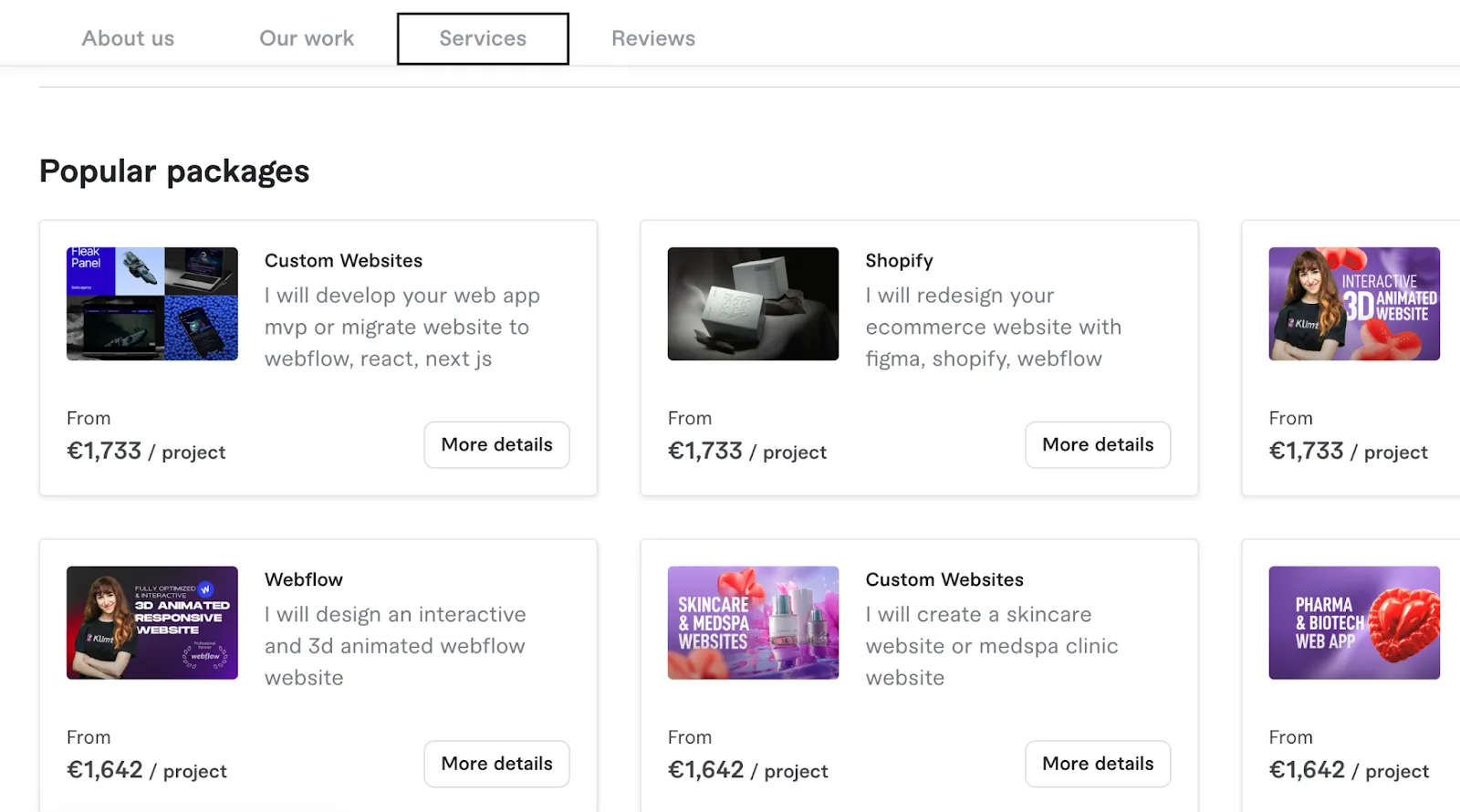Screenshot of a freelancer's service packages page