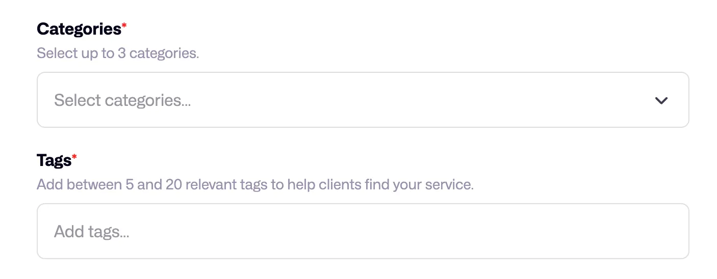 Screenshot of the categories and tags fields for a Dribbble service