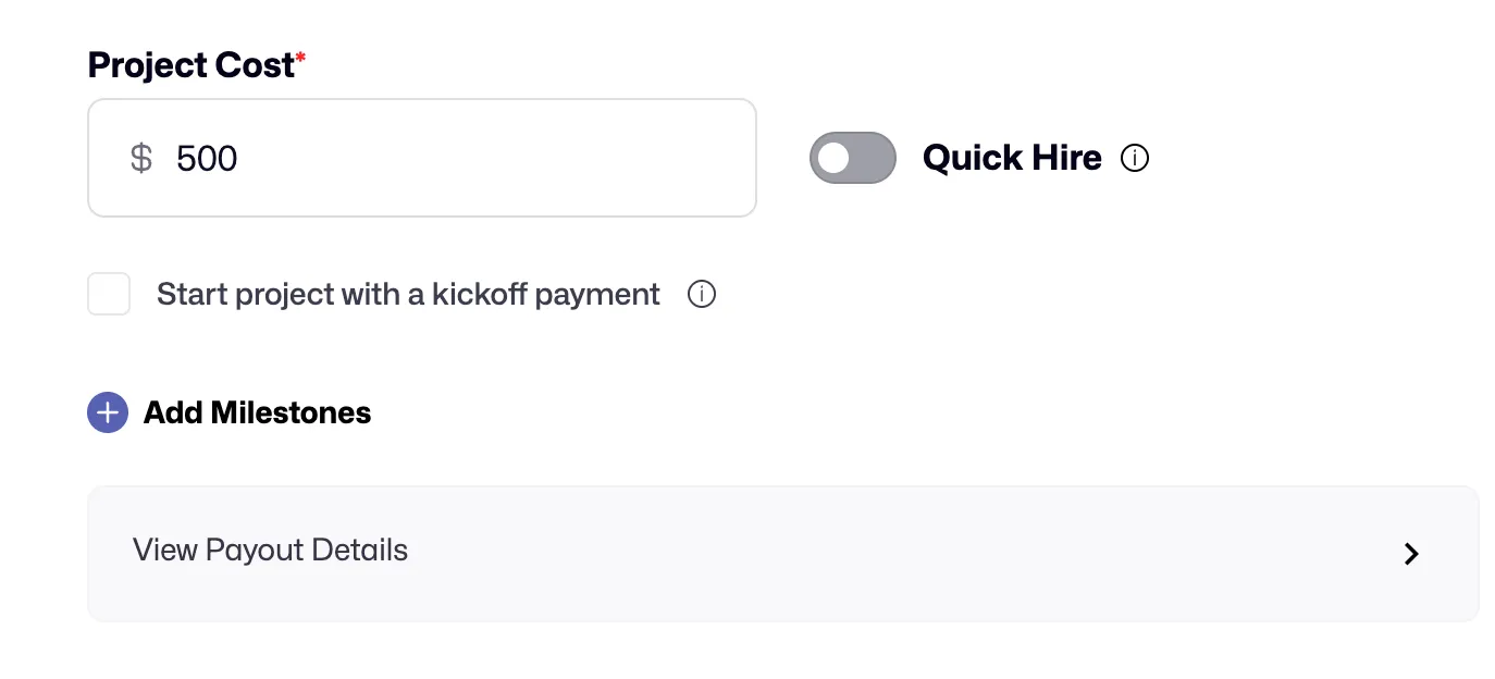 Screenshot of project cost and payout options for a Dribbble service