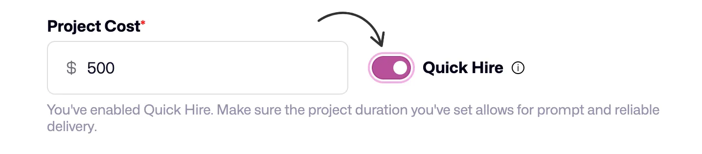 Screenshot of enabling Quick Hire for a Dribbble service