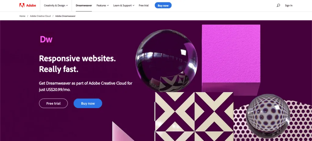 Screenshot of the Adobe Dreamweaver product page