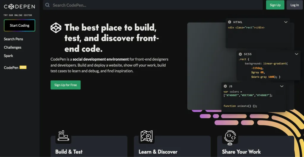 Screenshot of the CodePen homepage