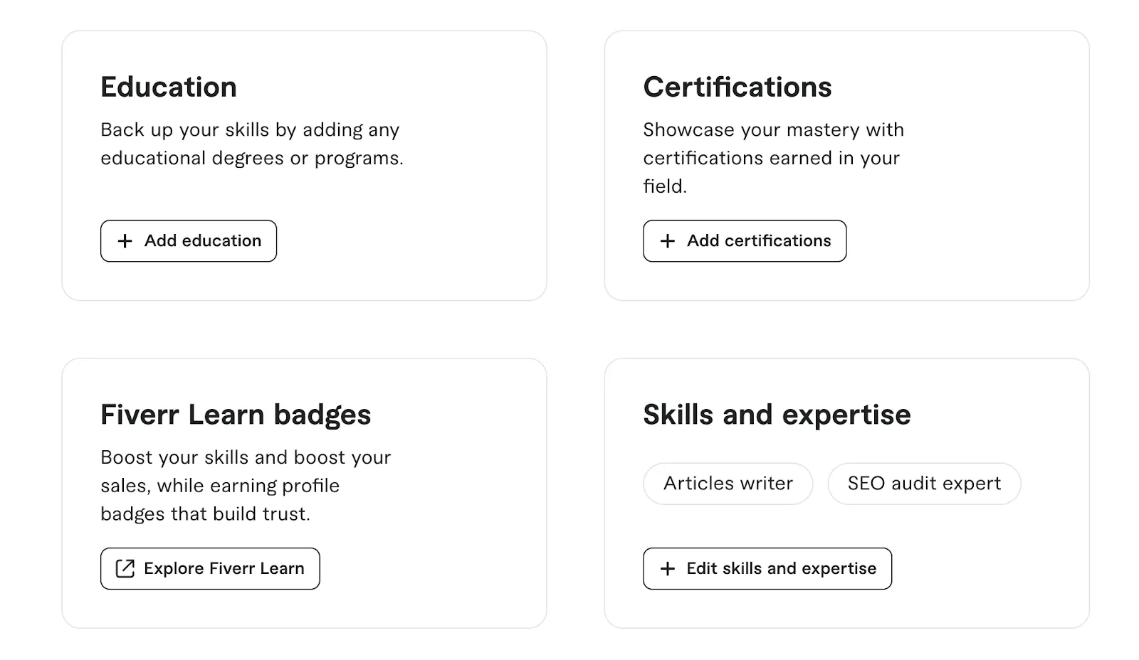 Screenshot of Fiverr profile education and skills sections