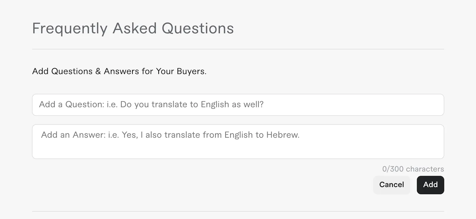 Screenshot of the Fiverr gig FAQ editor