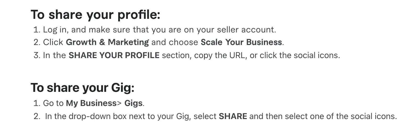 Screenshot of Fiverr instructions for sharing your profile and gig