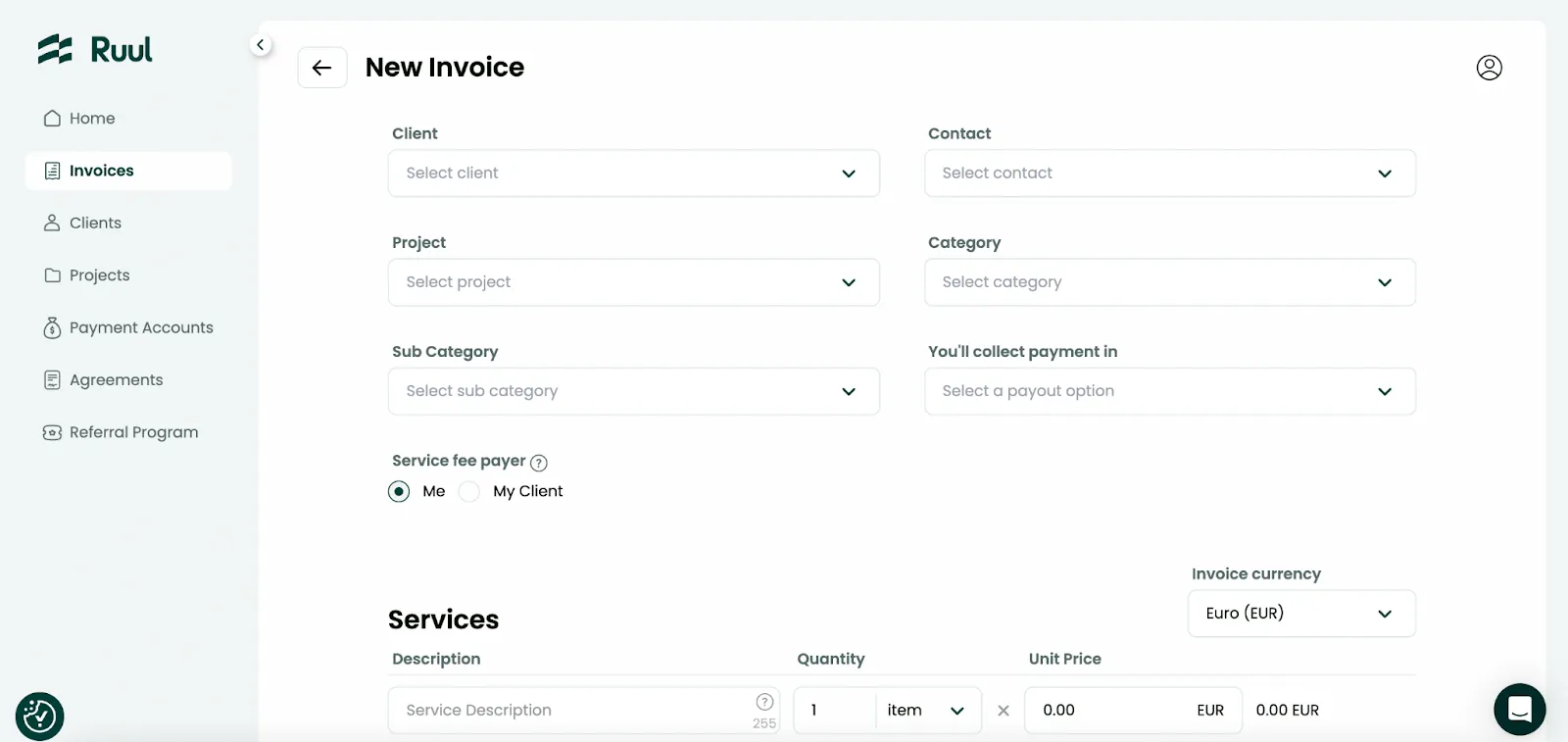 Screenshot of Ruul's new invoice form
