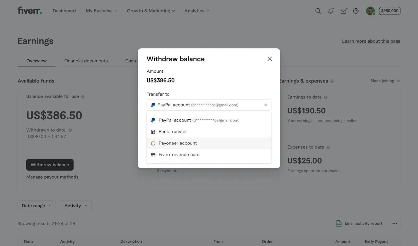 Screenshot of a Fiverr withdraw balance dialog