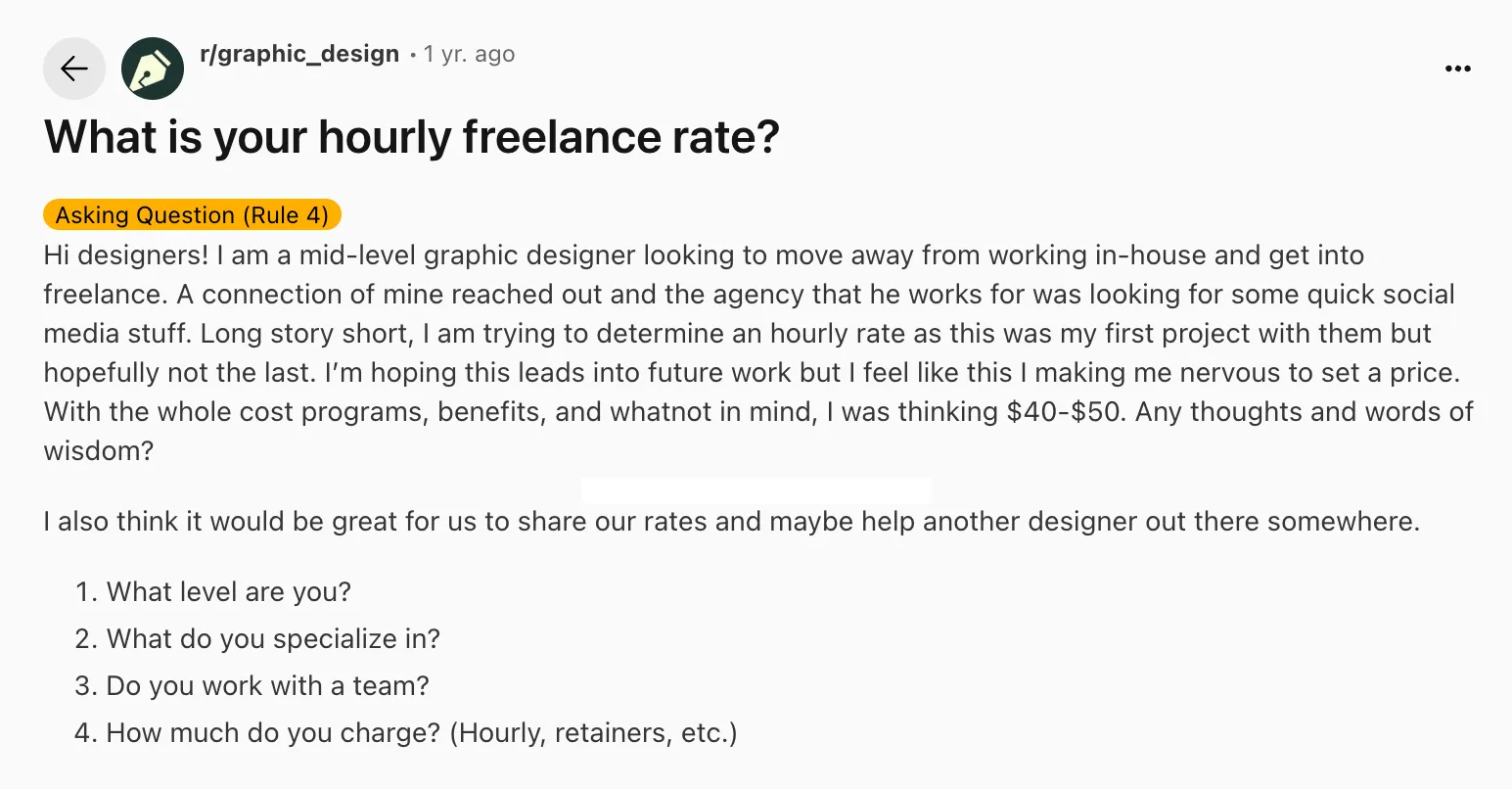 Screenshot of a Reddit post asking about hourly freelance rates