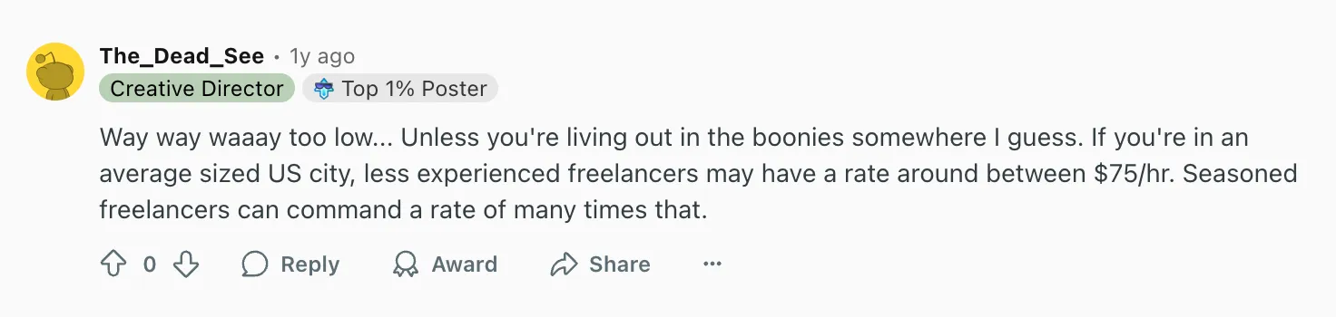 Screenshot of a Reddit comment discussing freelance rates