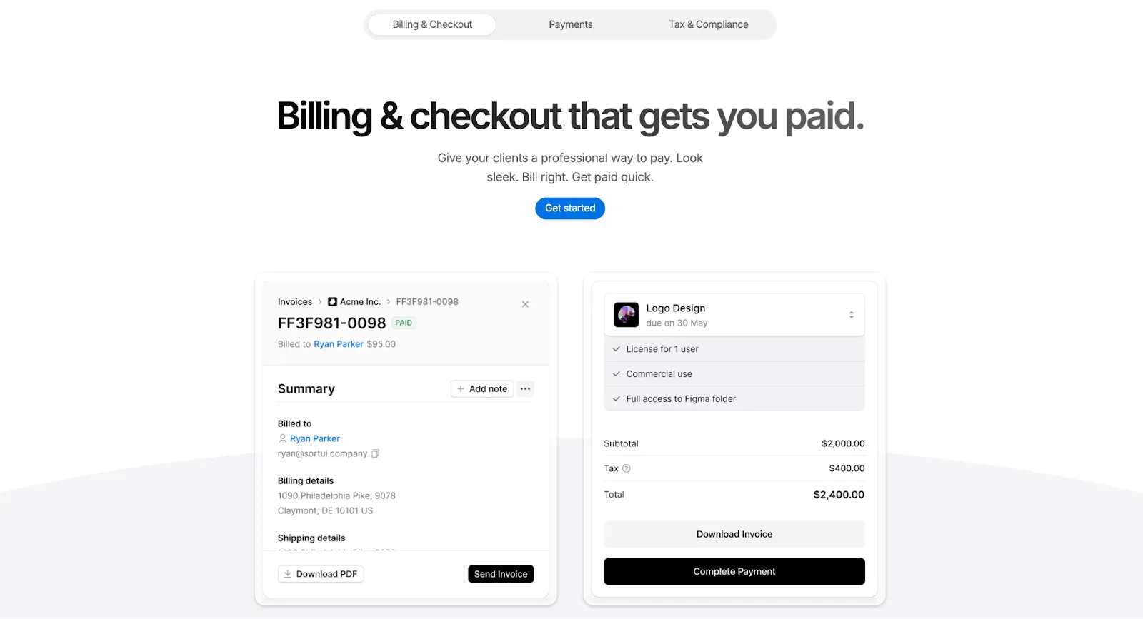 Screenshot of a freelance billing and checkout feature