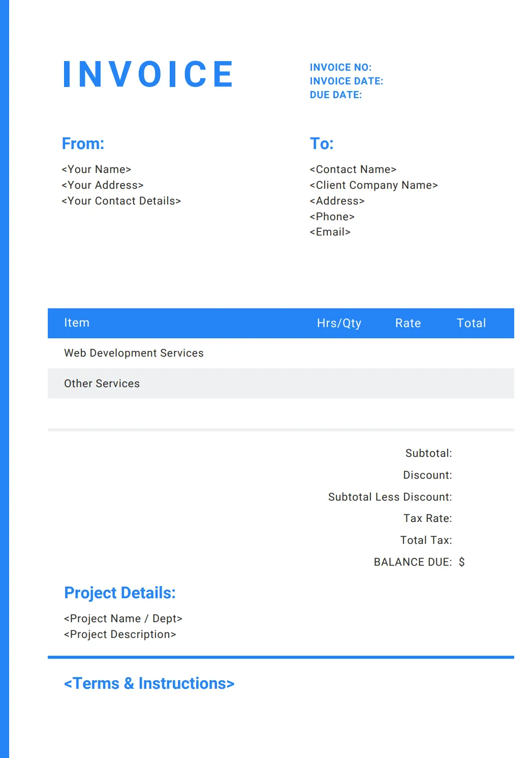 An example freelance invoice template with blue accents