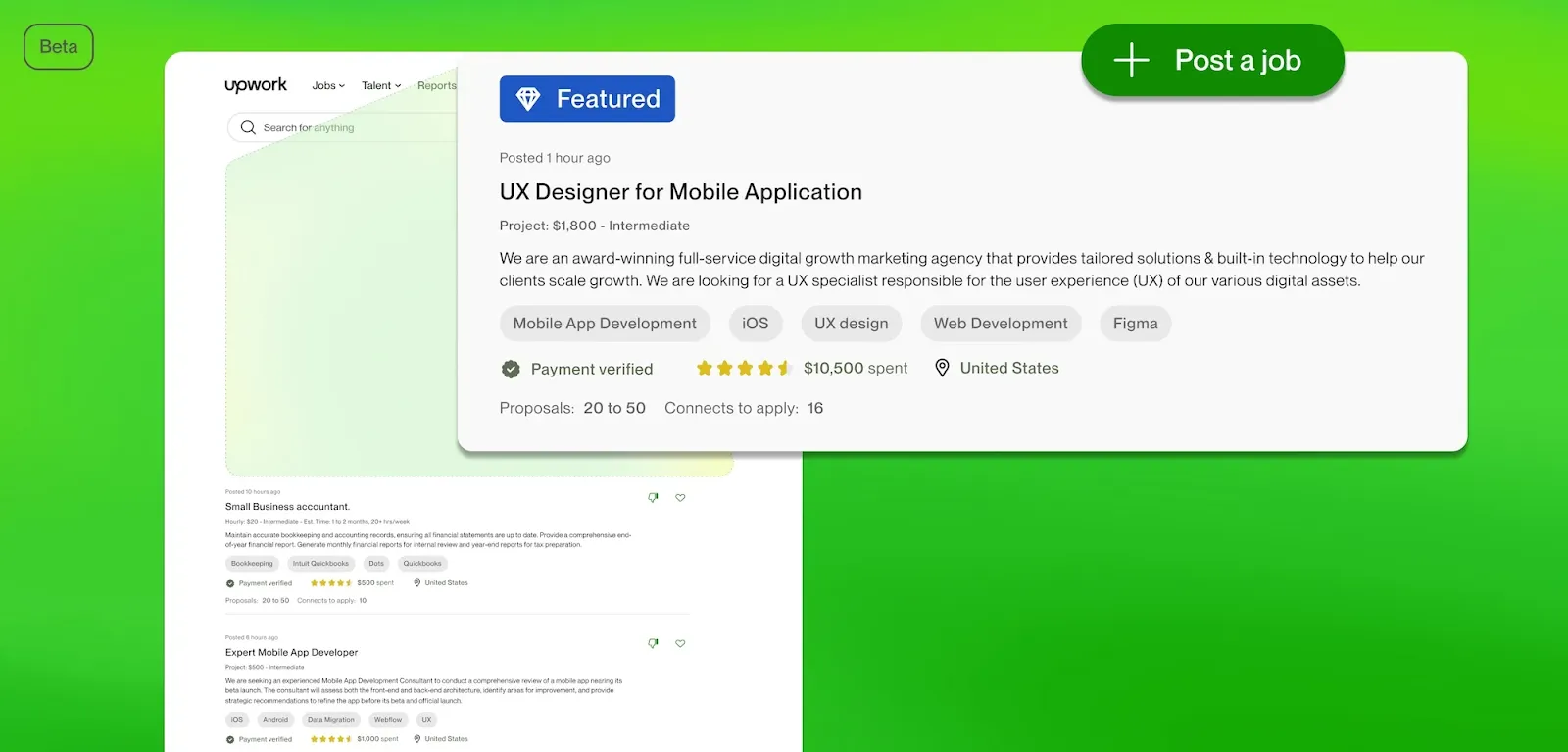 Screenshot of an Upwork job posting for a UX designer