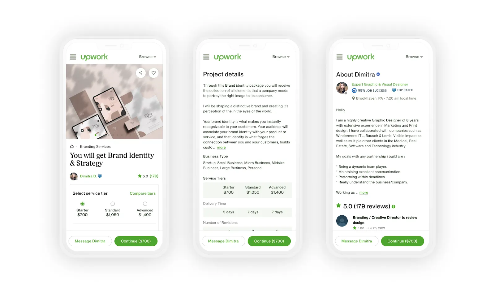 Screenshot of the Upwork mobile app screens