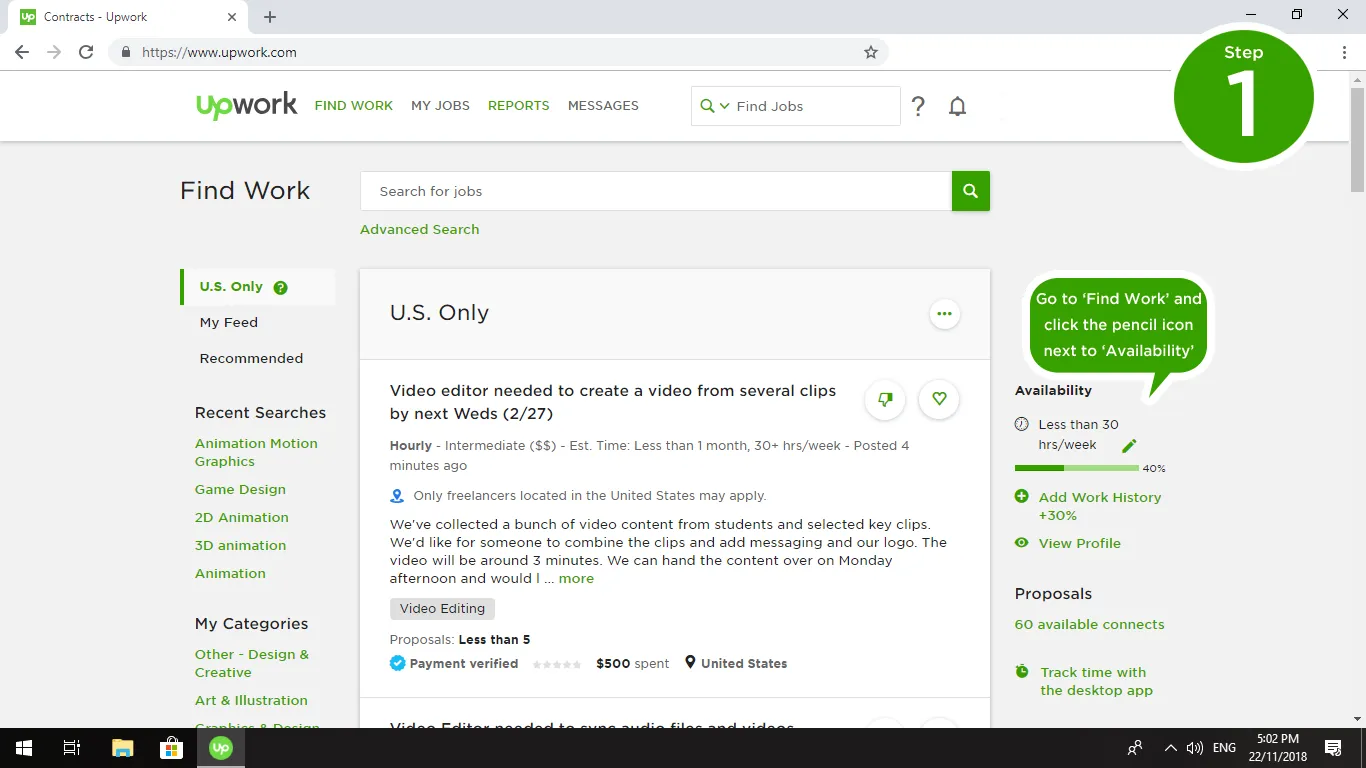 Screenshot of the Upwork Find Work job feed
