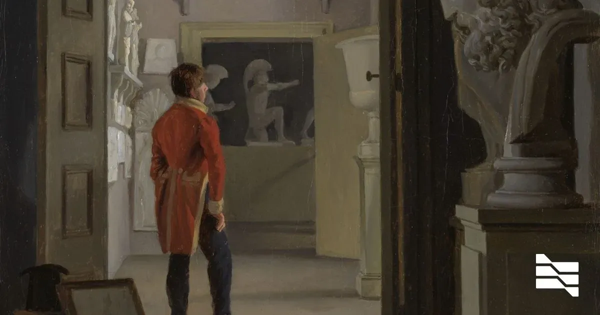 A man in a red coat reflects on freelancing's resilience, observing sculptures in a gallery, epitomizing creative endurance in adversity.