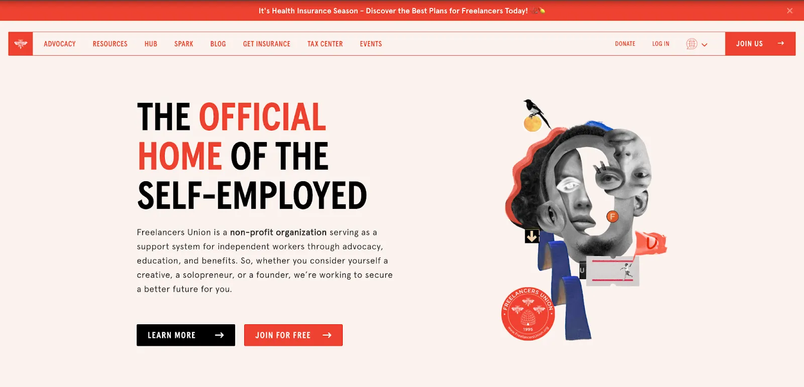 Screenshot of the Freelancers Union homepage