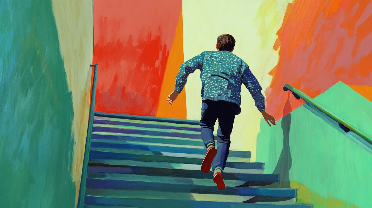 A colourful illustration of a person climbing stairs