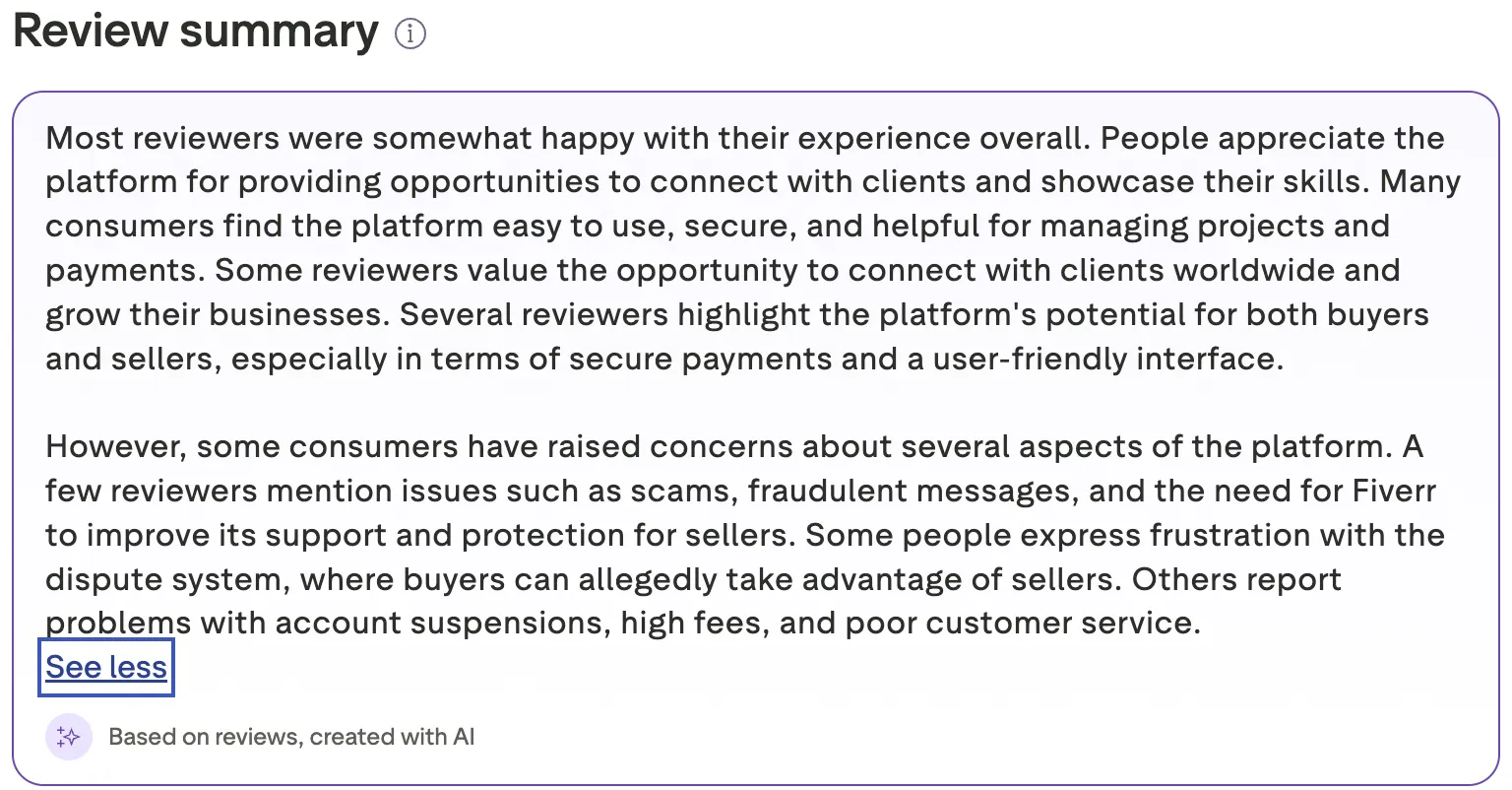 Screenshot of an AI-generated review summary of Fiverr