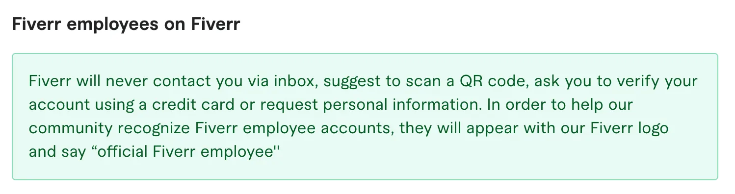 A note warning that Fiverr employees never request personal information