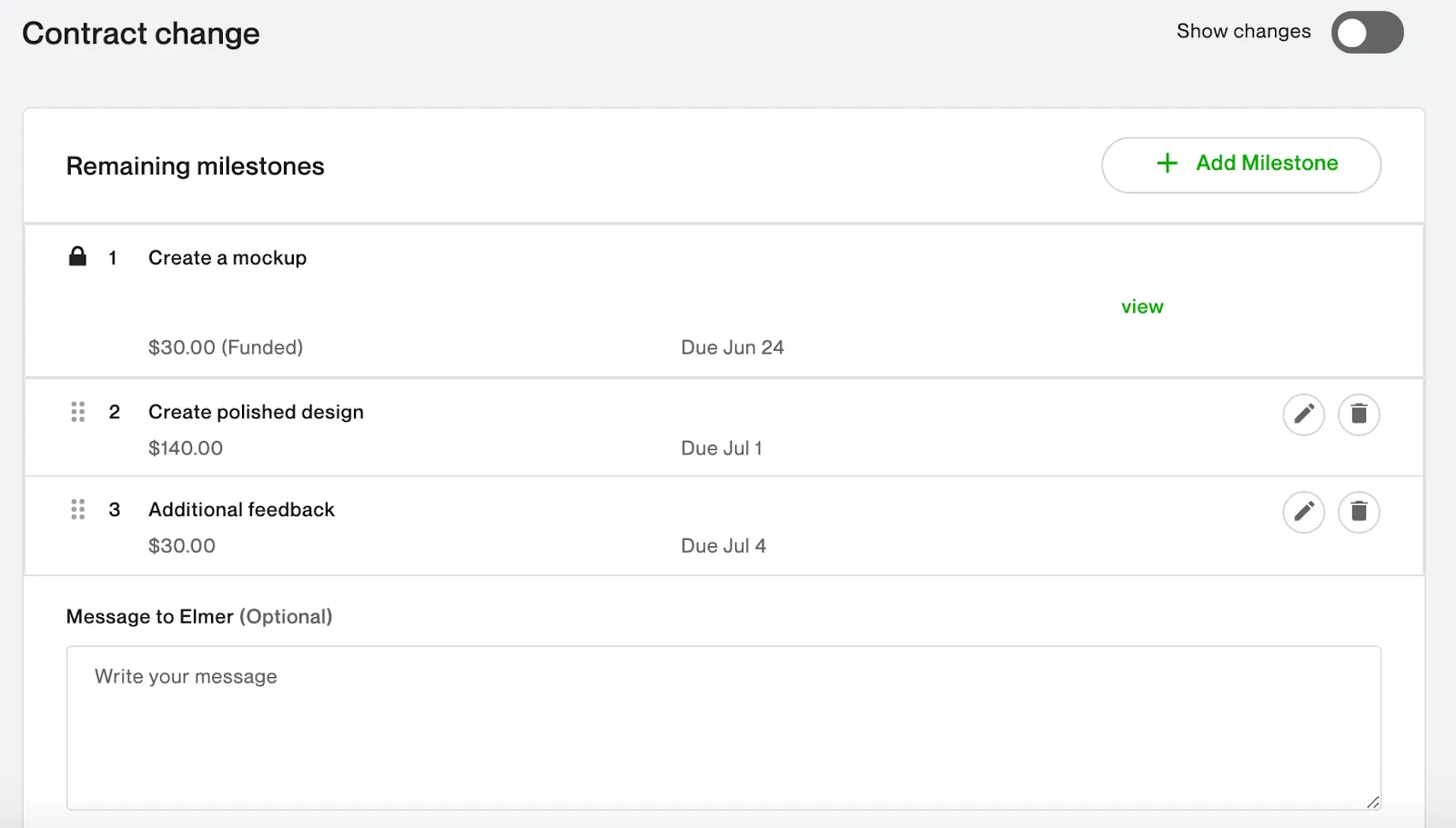 Screenshot of an Upwork contract milestones view