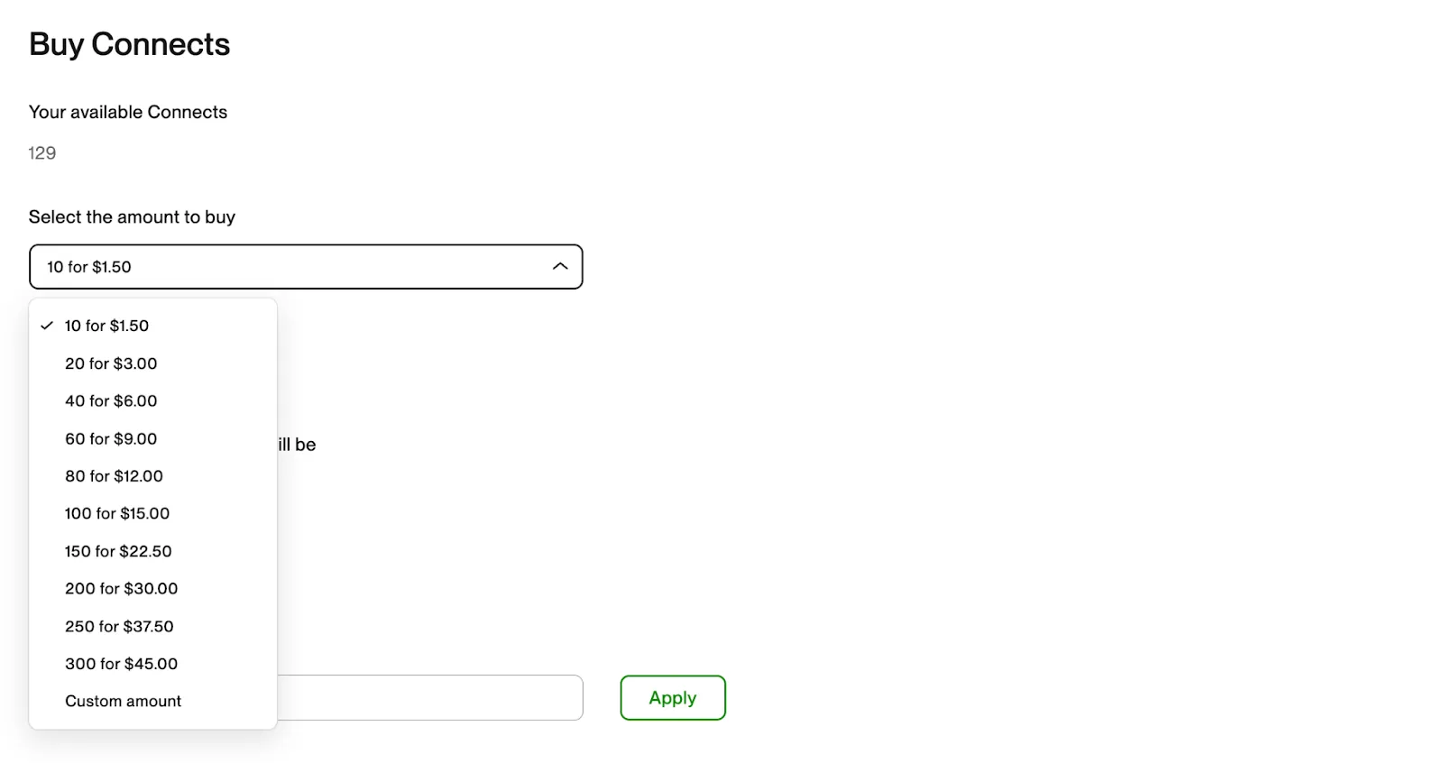 Screenshot of the Upwork Buy Connects purchase screen