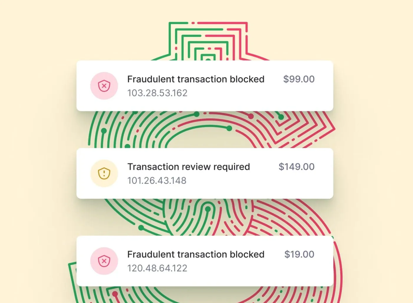 Screenshot of fraud detection notifications blocking transactions