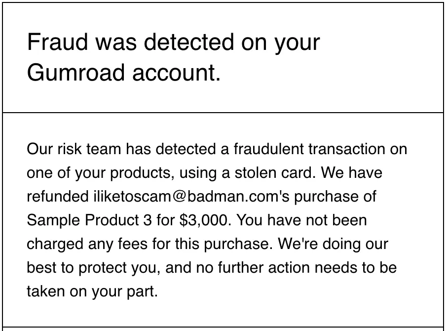 Screenshot of a Gumroad fraud detection message