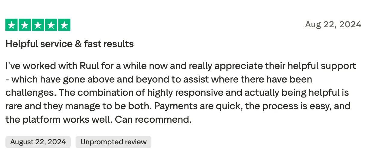 A five-star customer review praising Ruul's service